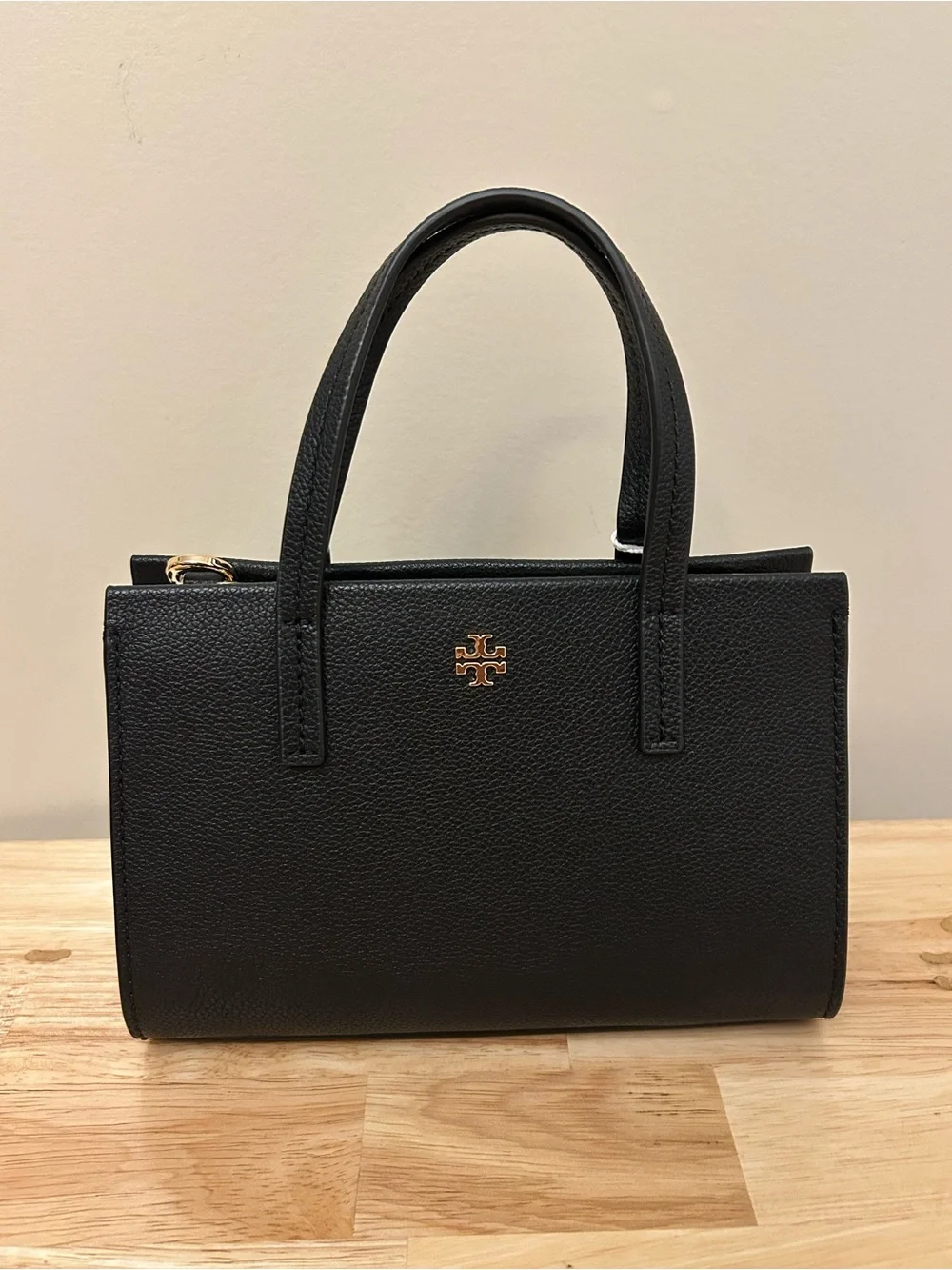 Tory Burch Black Pebbled Leather Small Satchel with Gold Logo